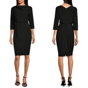NEW Belle Badgley Mischka Draped High Neck Blouson Dress Size 2 Fitted Knit LBD